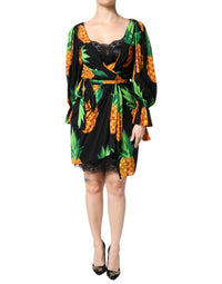 Dolce & Gabbana Black Silk Pineapple Draped Print Wrap Women's Dress