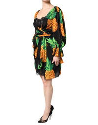 Dolce & Gabbana Black Silk Pineapple Draped Print Wrap Women's Dress