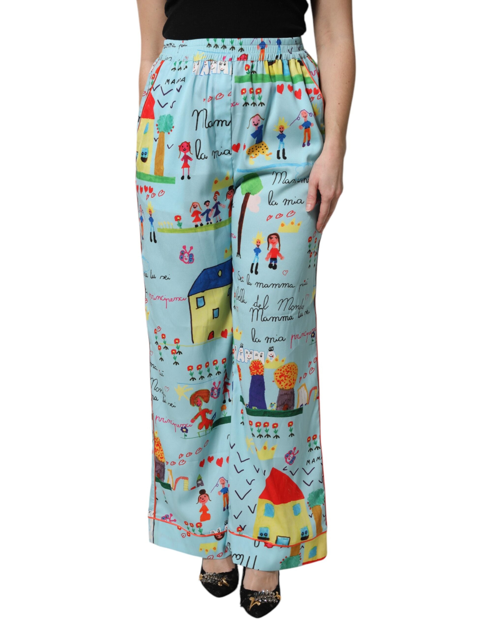 Dolce & Gabbana Light Blue Drawing Mid Waist Wide Leg Women's Pants