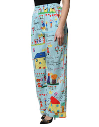 Dolce & Gabbana Light Blue Drawing Mid Waist Wide Leg Women's Pants