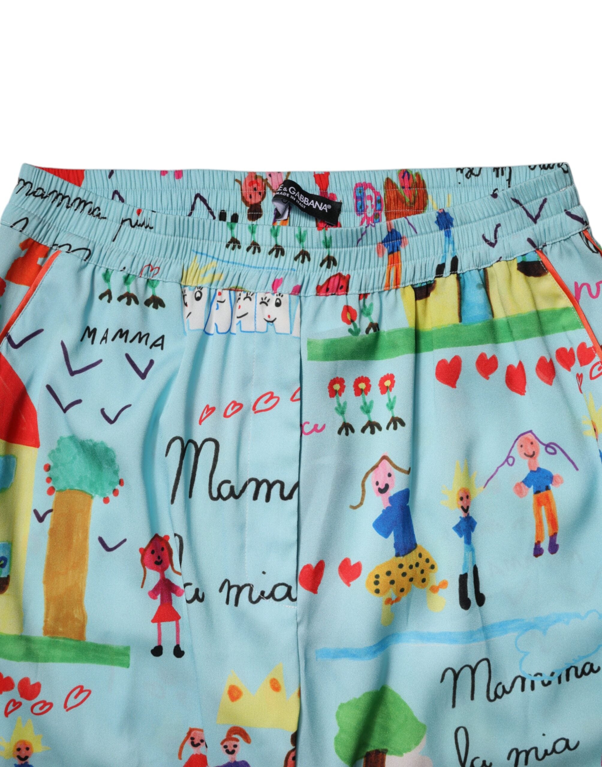 Dolce & Gabbana Light Blue Drawing Mid Waist Wide Leg Women's Pants