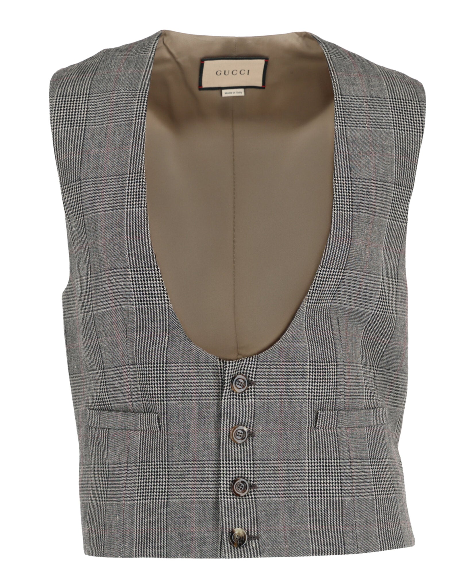 Gucci Mens Wool Blend Plaid Vest Grey Beige