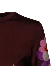 Dolce & Gabbana Maroon Floral Silk Crew Neck Blouse Women's Top
