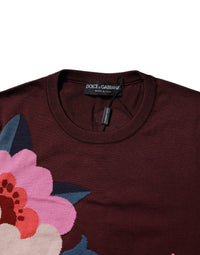 Dolce & Gabbana Maroon Floral Silk Crew Neck Blouse Women's Top