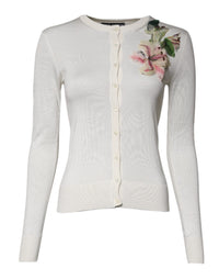 Dolce & Gabbana Cream Floral Silk Embellished Cardigan Women's Sweater