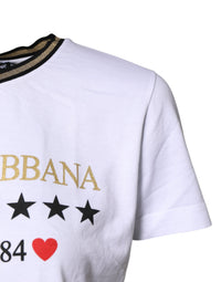 Dolce & Gabbana White Printed Round Neck Top Cotton Women's T-shirt