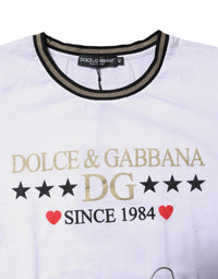 Dolce & Gabbana White Printed Round Neck Top Cotton Women's T-shirt