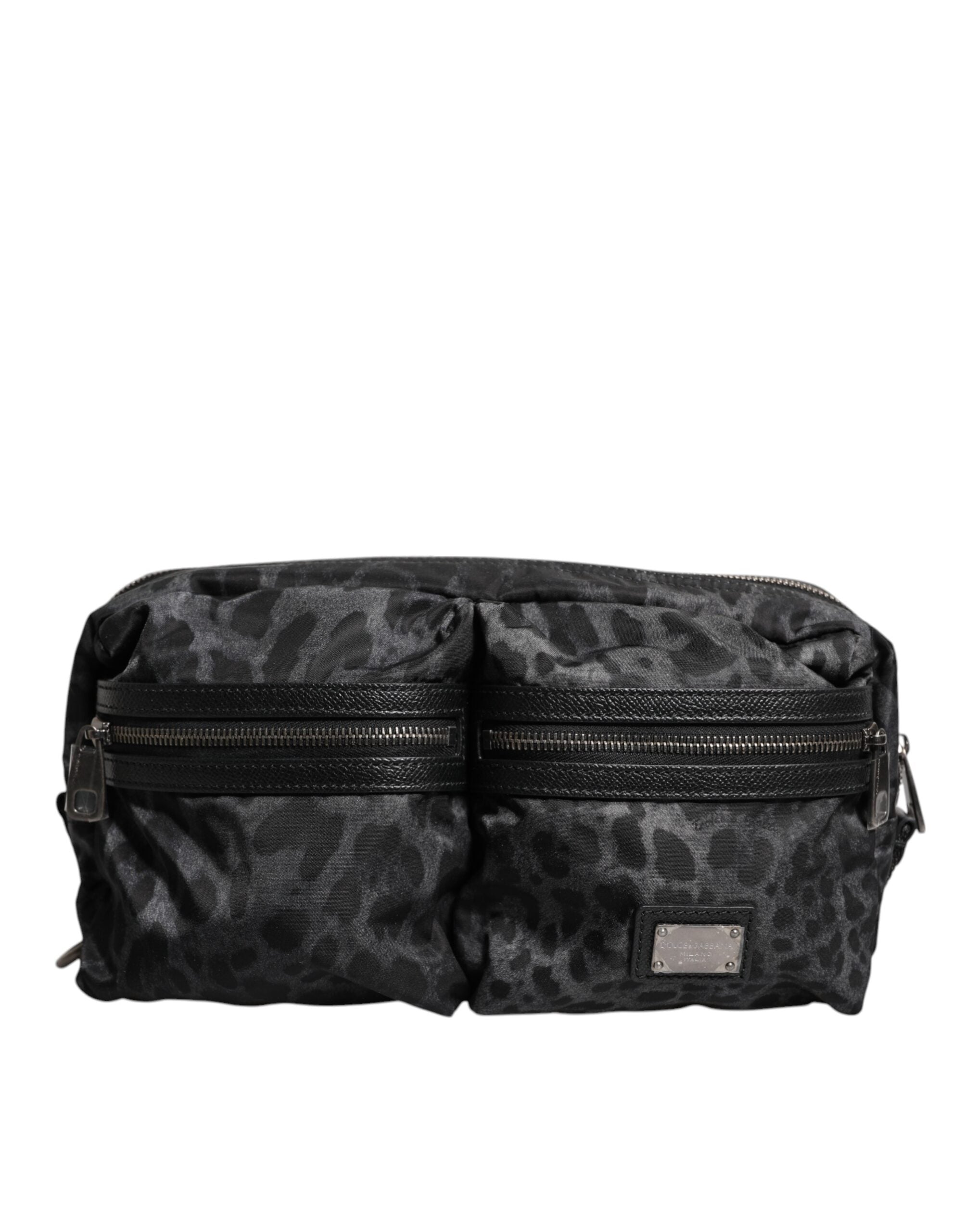 Dolce & Gabbana Black Gray Leopard DG Logo Belt Waist Fanny Pack Men's Bag