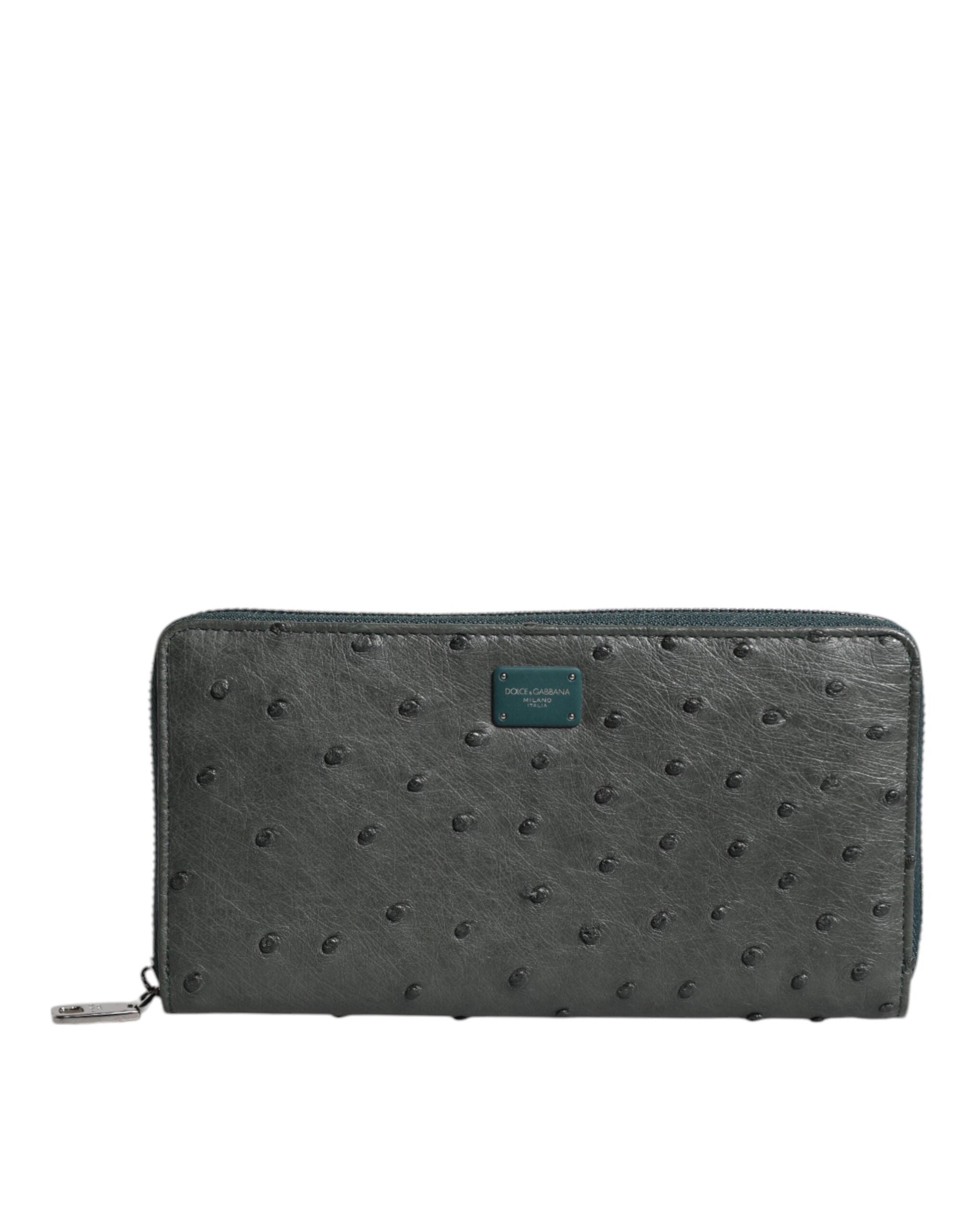 Dolce & Gabbana Dolce & Gabbana Green Ostrich Logo Plaque Zip Around Continental Men's Wallet