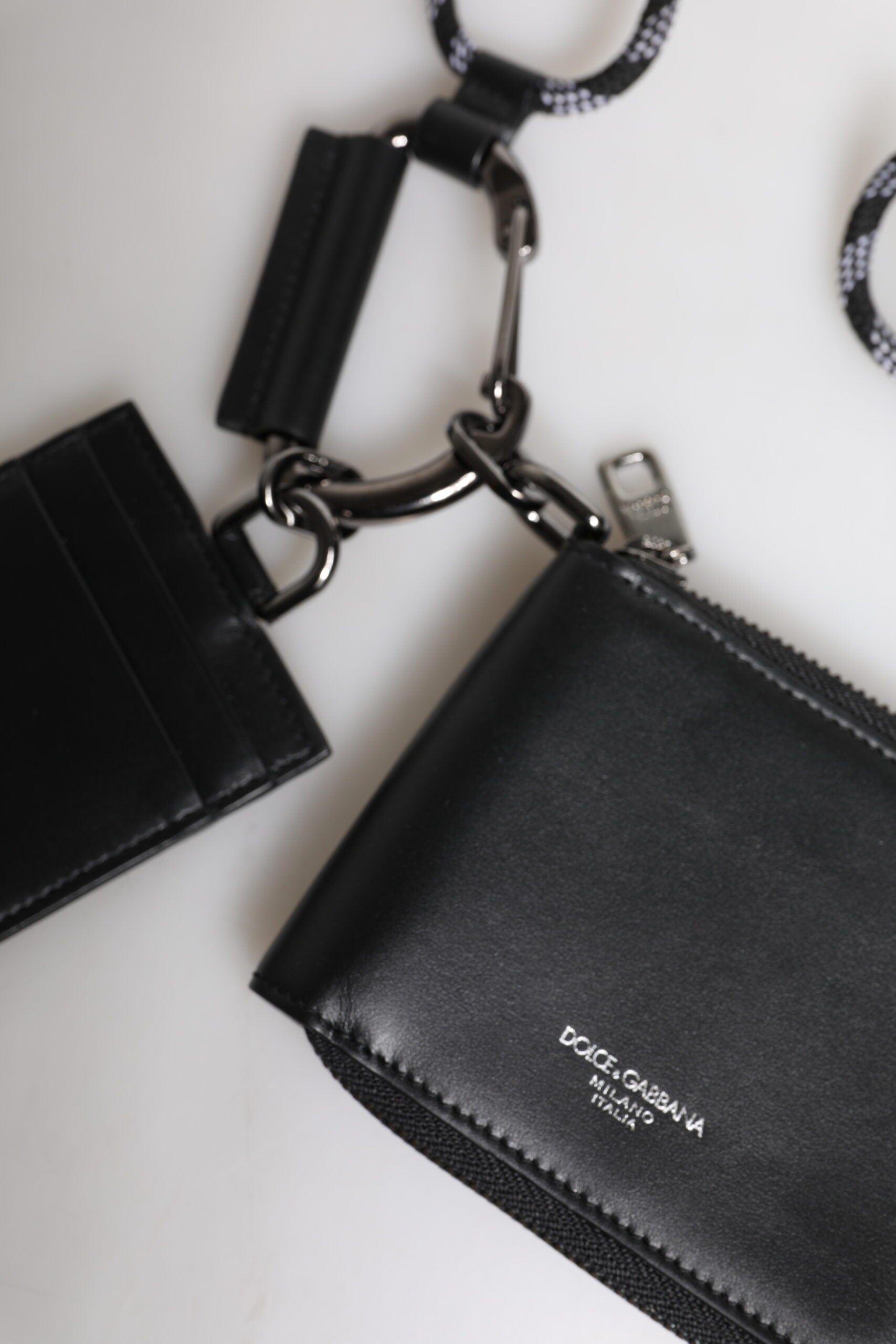 Dolce & Gabbana Dolce & Gabbana Black Leather Lanyard Zip Around Card Holder Men's Wallet