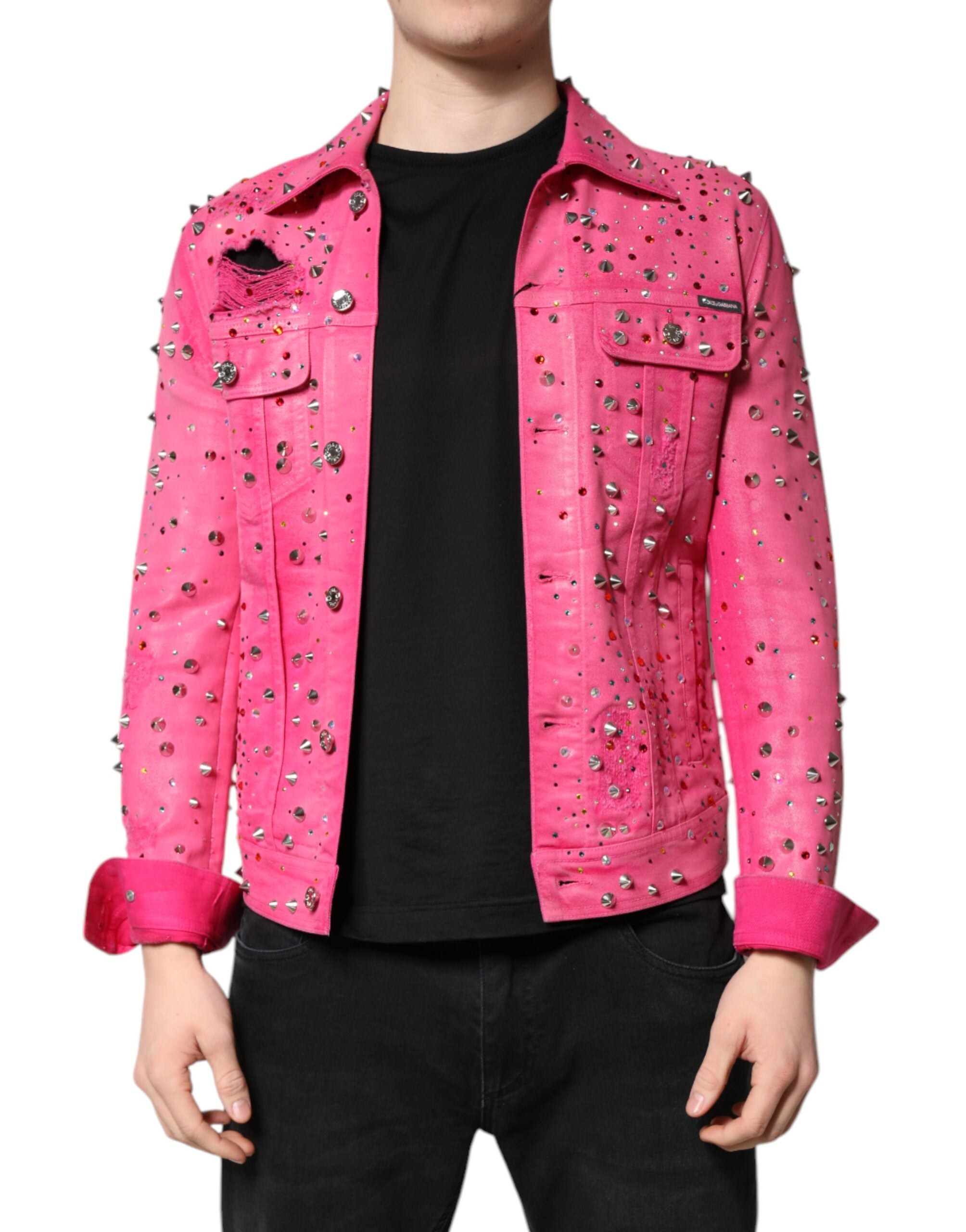 Dolce & Gabbana Dolce & Gabbana Pink Crystal Embellished Cotton Denim Men's Jacket