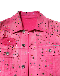 Dolce & Gabbana Dolce & Gabbana Pink Crystal Embellished Cotton Denim Men's Jacket
