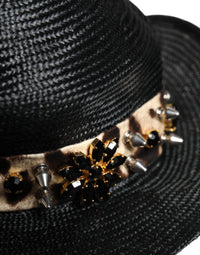 Dolce & Gabbana Black Straw Crystal Embellished Wide Brim Women's Hat