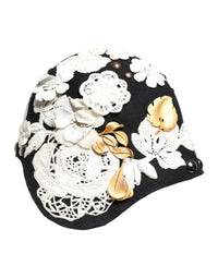 Dolce & Gabbana Black Wool White Floral Gold Leaf Cloche Women's Hat
