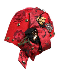 Dolce & Gabbana Red Crystal Gold Roses Brooch Embellished Women's Hat