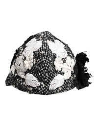 Dolce & Gabbana Black Wool White Floral Embellished Cloche Women's Hat