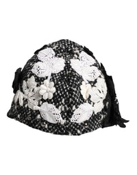 Dolce & Gabbana Black Wool White Floral Embellished Cloche Women's Hat