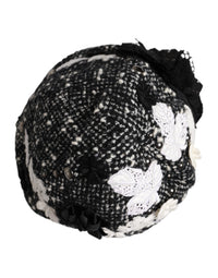 Dolce & Gabbana Black Wool White Floral Embellished Cloche Women's Hat
