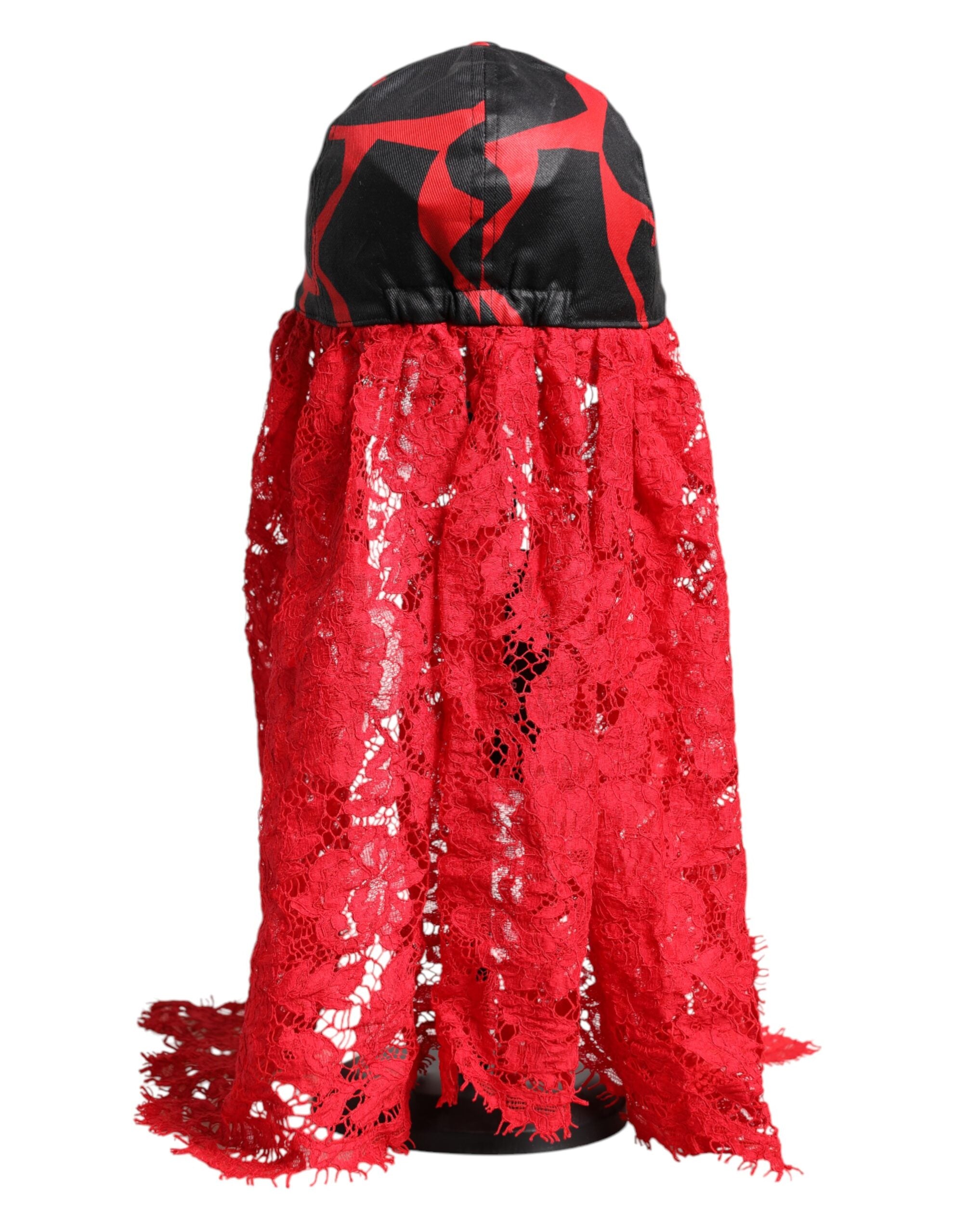 Dolce & Gabbana Red Black Lace Tulle Cotton Baseball Women's Cap