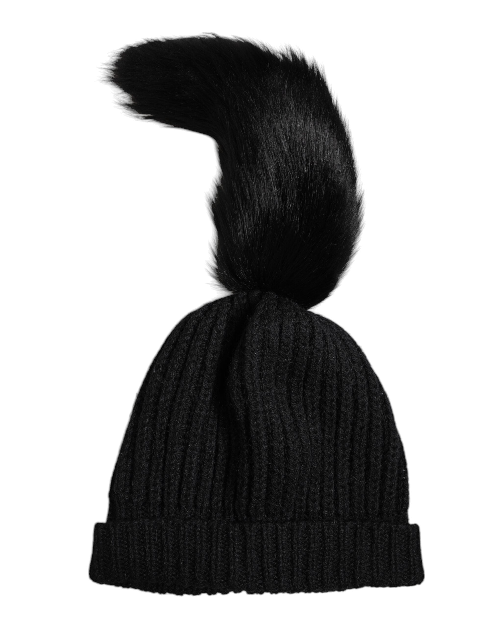 Dolce & Gabbana Black Acrylic Knitted Fur Winter Beanie Women's Hat