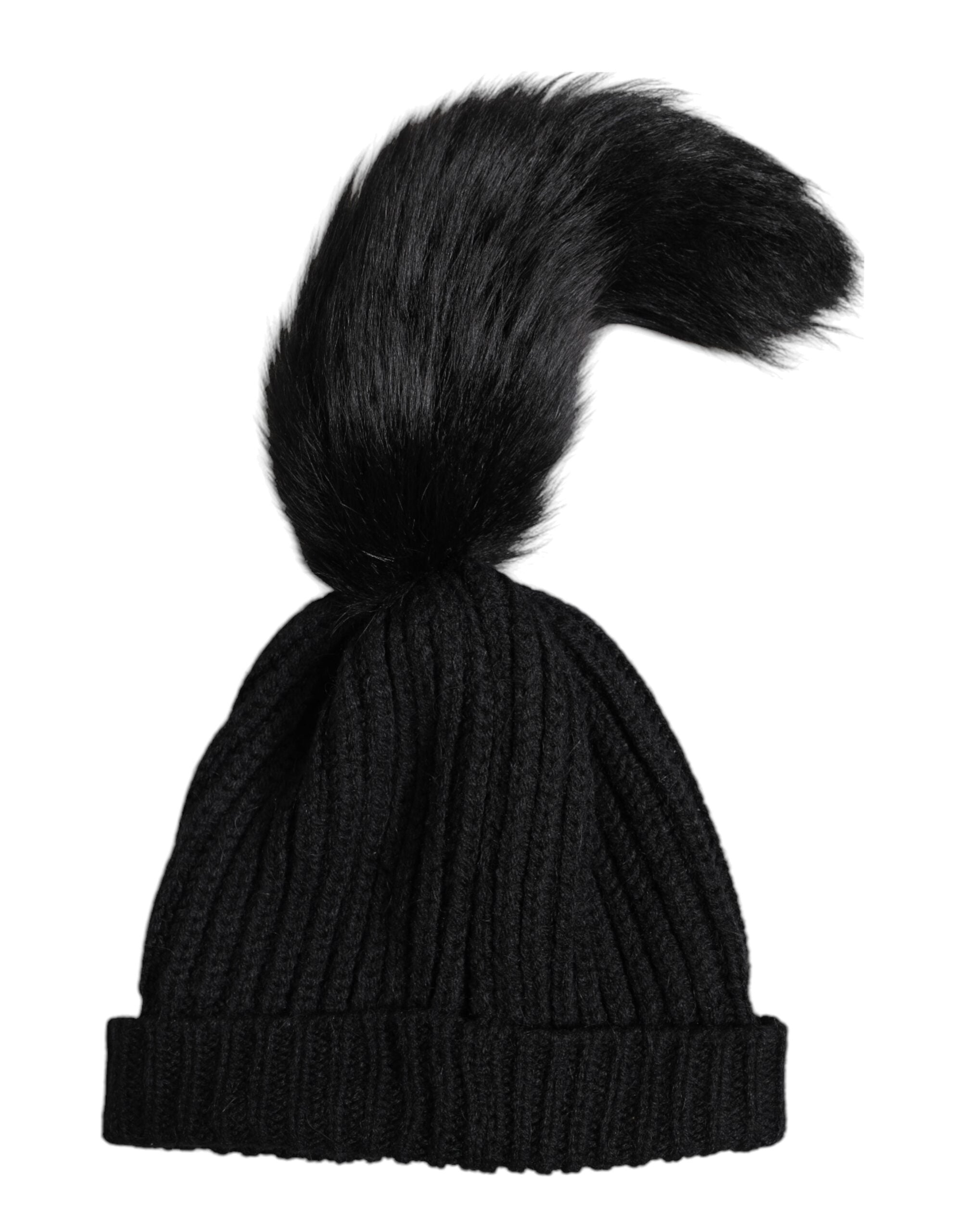 Dolce & Gabbana Black Acrylic Knitted Fur Winter Beanie Women's Hat