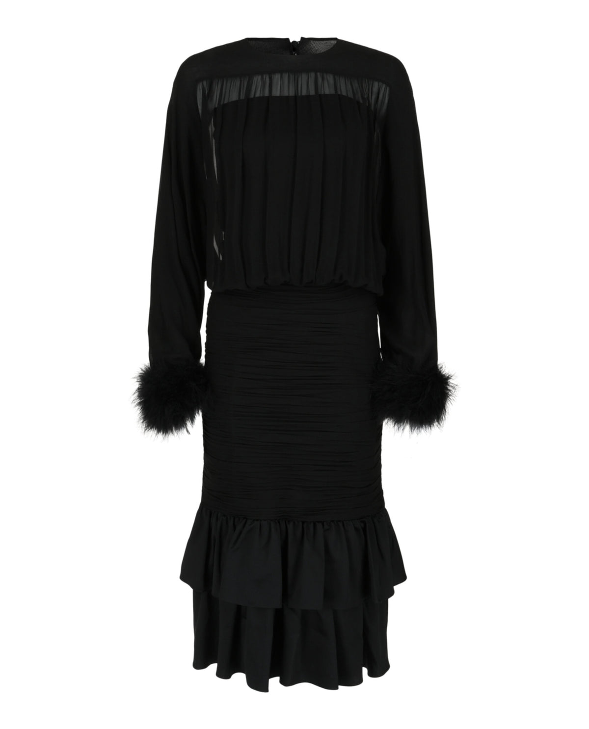Valentino Valentino Womens Ruched Georgette Midi Dress with Feather Cuffs