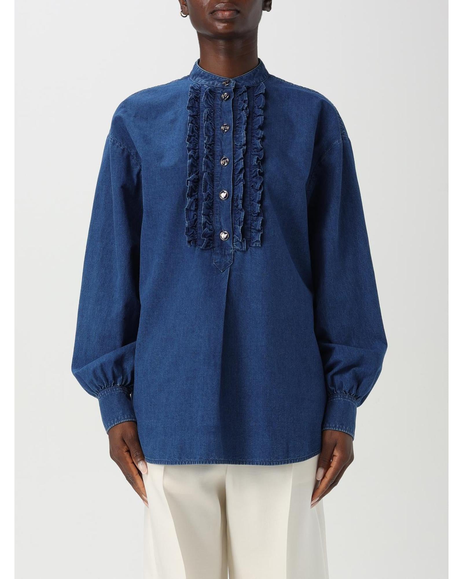 Valentino Denim Shirt Ruffled Front Long Sleeves Women Blue Shirts & Tops