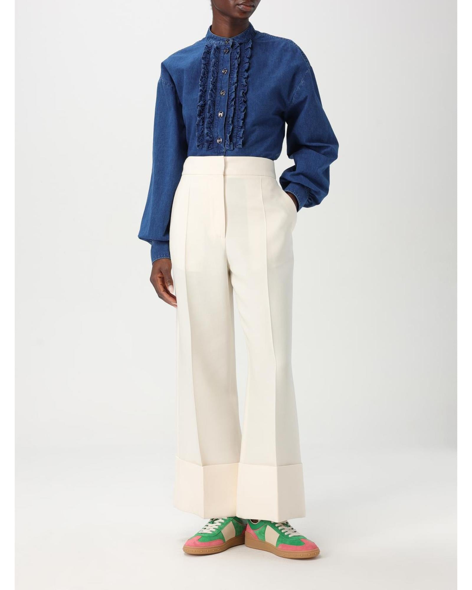 Valentino Denim Shirt Ruffled Front Long Sleeves Women Blue Shirts & Tops