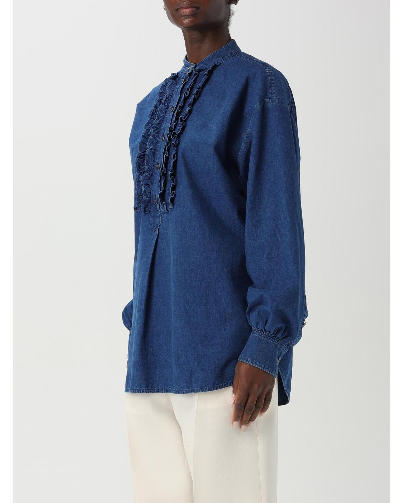 Valentino Denim Shirt Ruffled Front Long Sleeves Women Blue Shirts & Tops