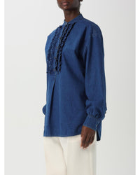 Valentino Denim Shirt Ruffled Front Long Sleeves Women Blue Shirts & Tops