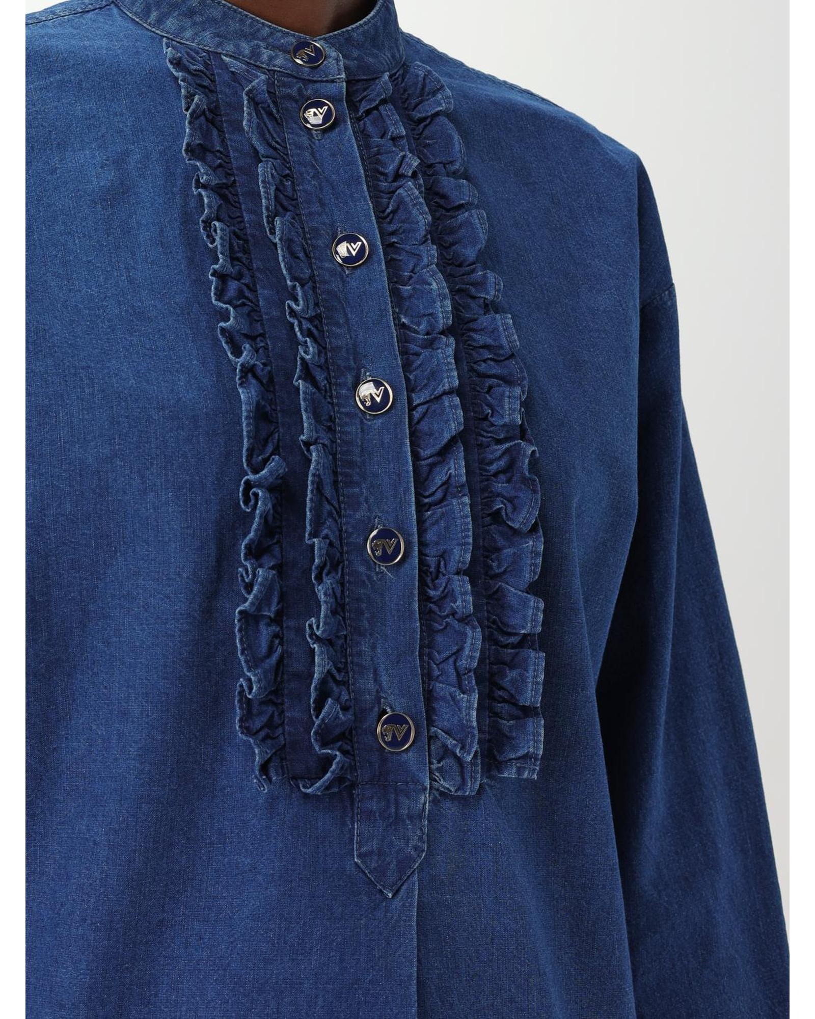 Valentino Denim Shirt Ruffled Front Long Sleeves Women Blue Shirts & Tops