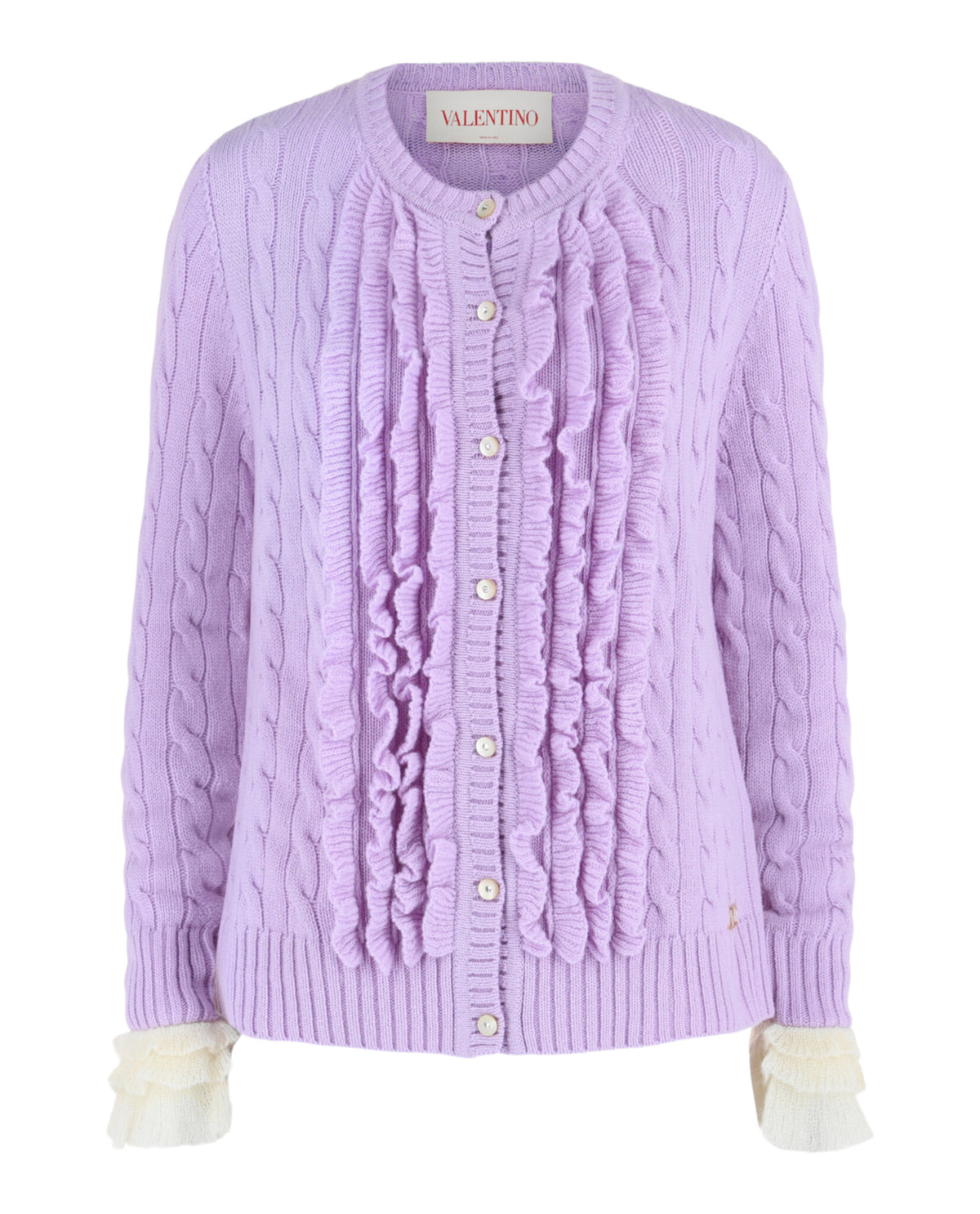 Valentino Womens Ruffled Cable-Knit Wool Cardigan