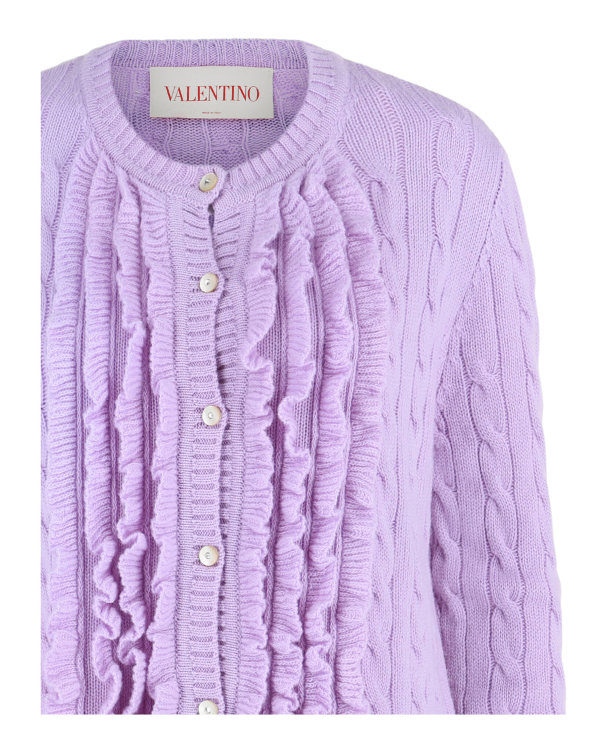 Valentino Womens Ruffled Cable-Knit Wool Cardigan