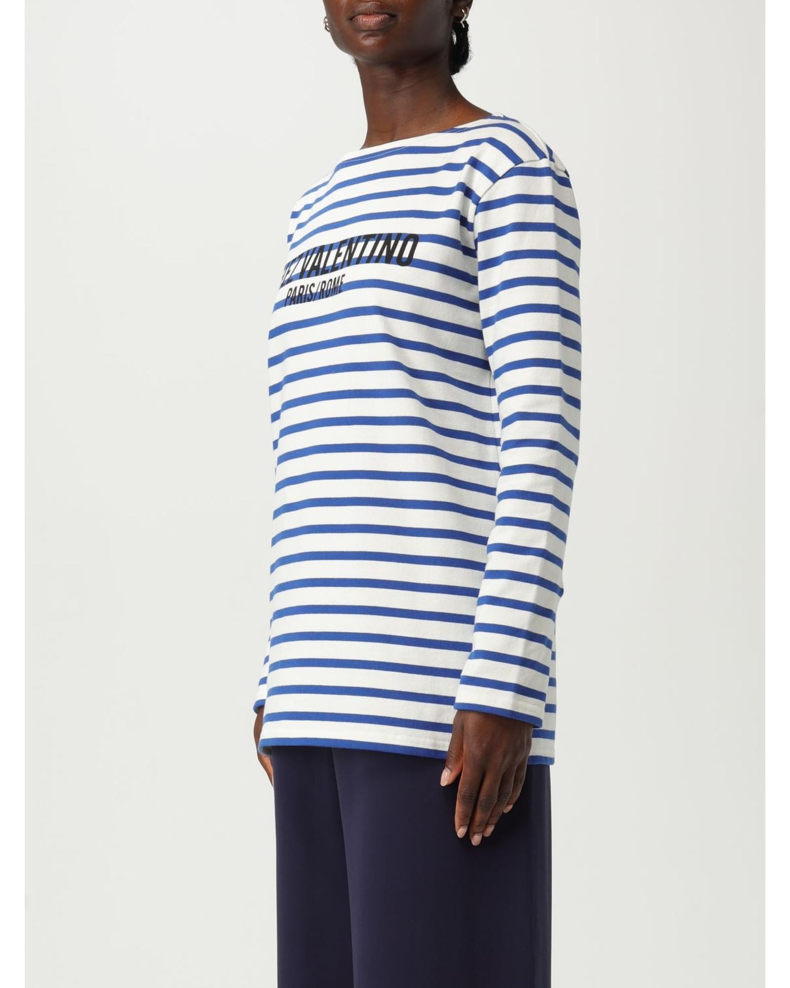 Valentino Striped Long Sleeve Boat Neck Top Women Ivory T-Shirts