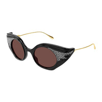 Gucci Sunglasses Geometric Full Rim, Shiny Black with Crystal Strass/Gold Frame and Brown Lens GG1327S001