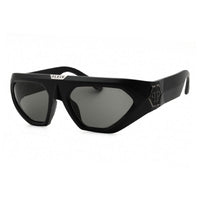Philipp Plein Sunglasses Rectangle Full Rim, Shiny Black Frame and Grey Silver Mirror Lens SPP153Z42X