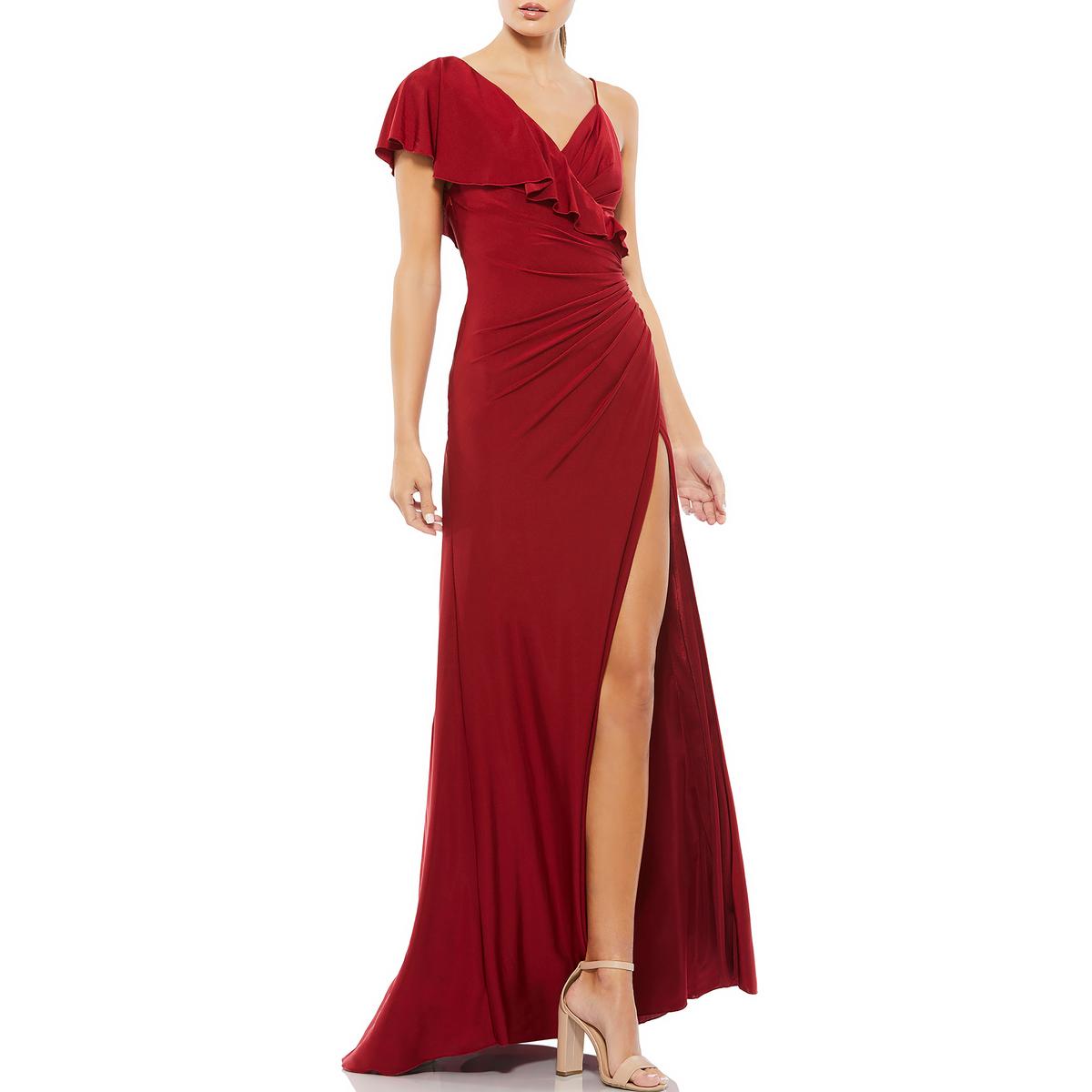 Womens One Shoulder Maxi Evening Dress Wine