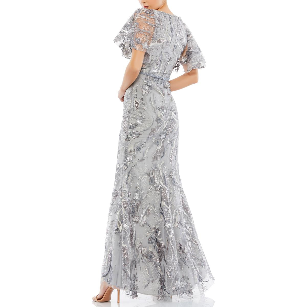 Womens Embroidered Mesh Evening Dress