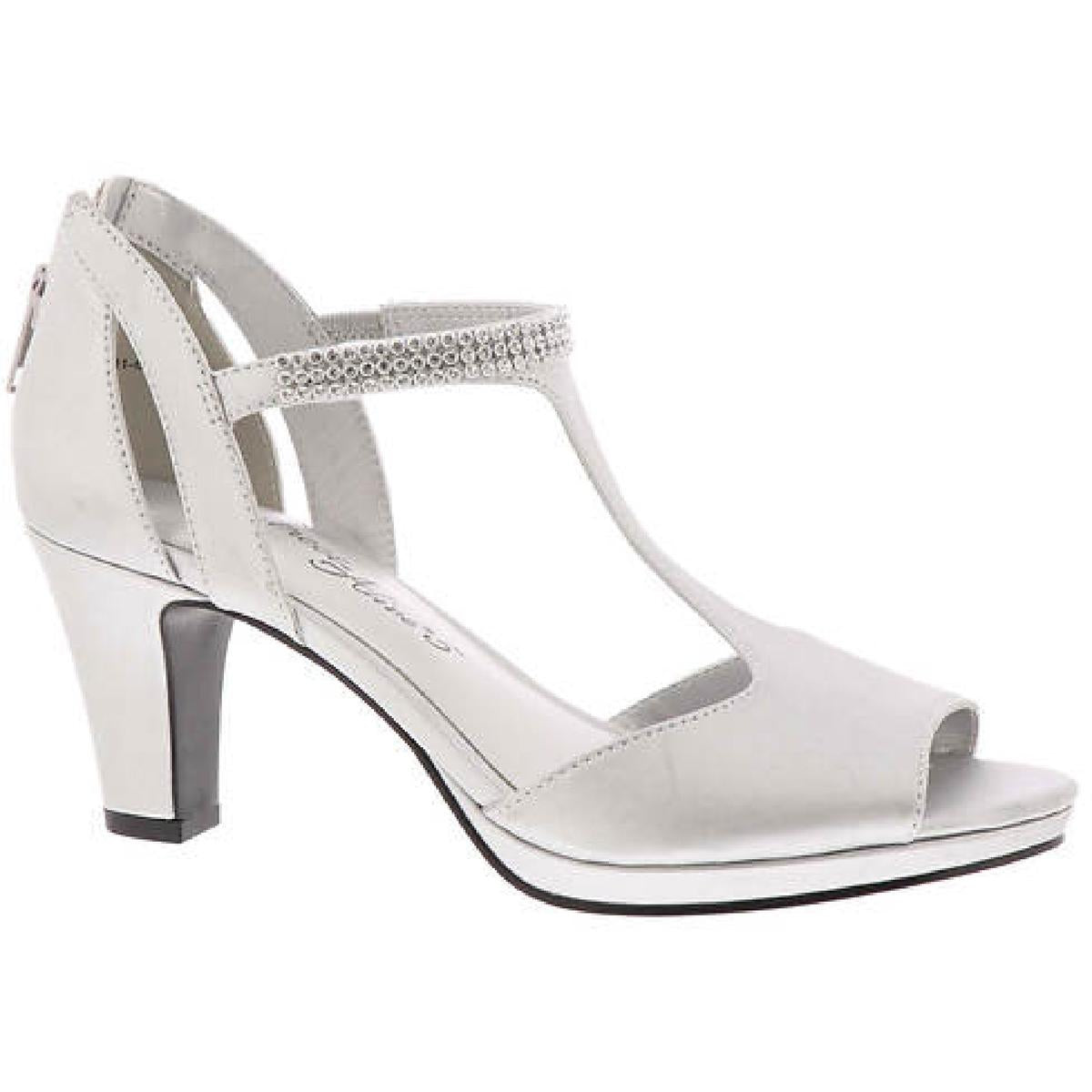 Flash Womens Zipper Man Made T-Strap Heels Silver Satin