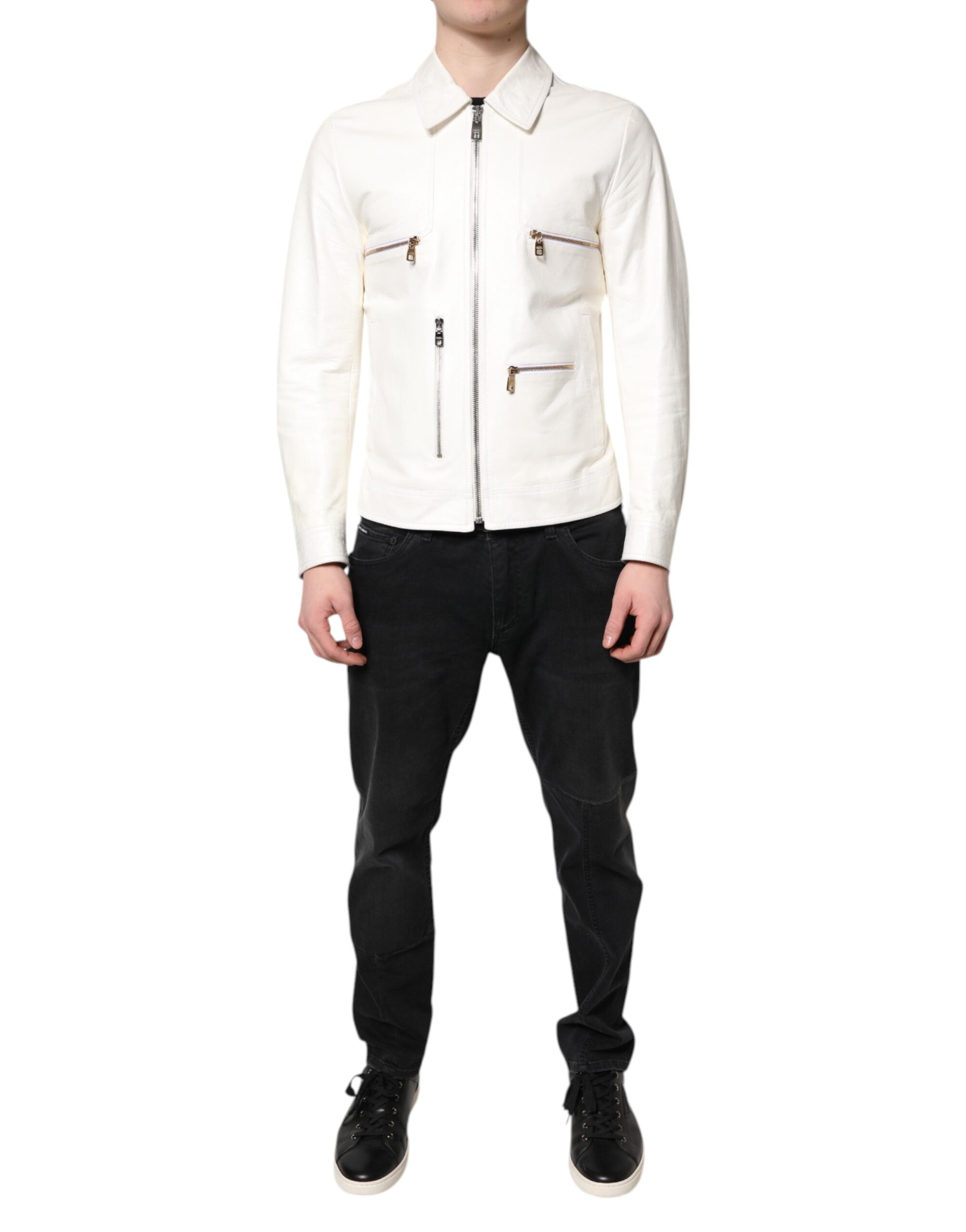 Dolce & Gabbana Dolce & Gabbana White Collared Full Zip Biker Coat Men's Jacket