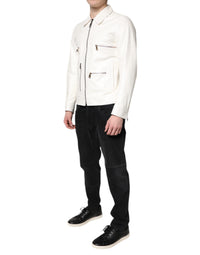 Dolce & Gabbana Dolce & Gabbana White Collared Full Zip Biker Coat Men's Jacket