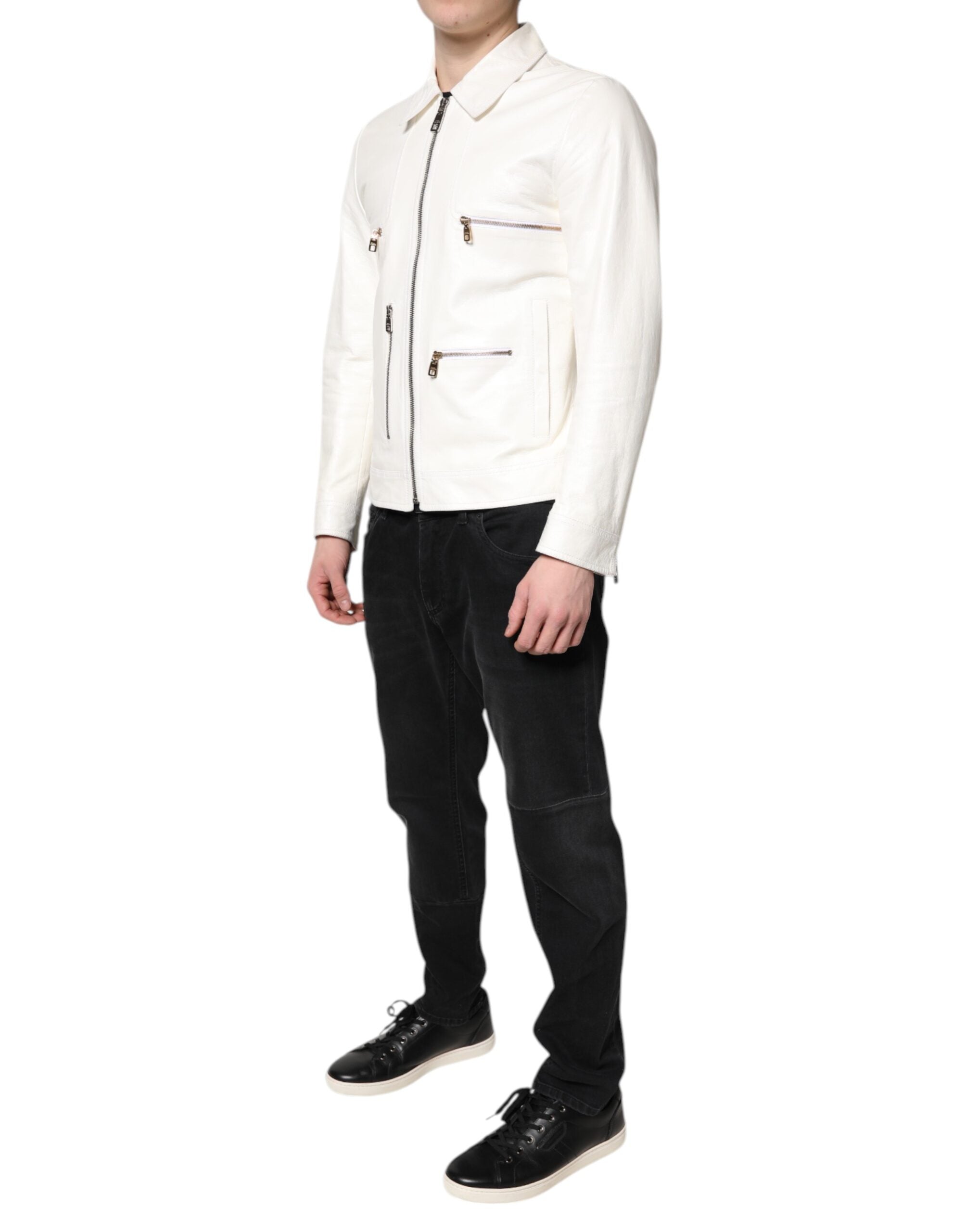 Dolce & Gabbana Dolce & Gabbana White Collared Full Zip Biker Coat Men's Jacket