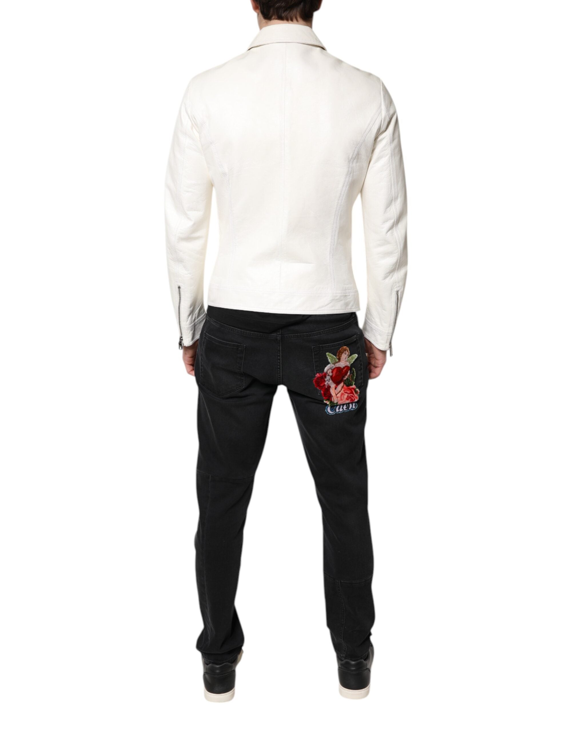 Dolce & Gabbana Dolce & Gabbana White Collared Full Zip Biker Coat Men's Jacket