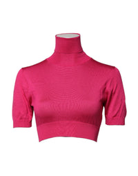Dolce & Gabbana Pink Silk Knitted Turtleneck Cropped Women's Top
