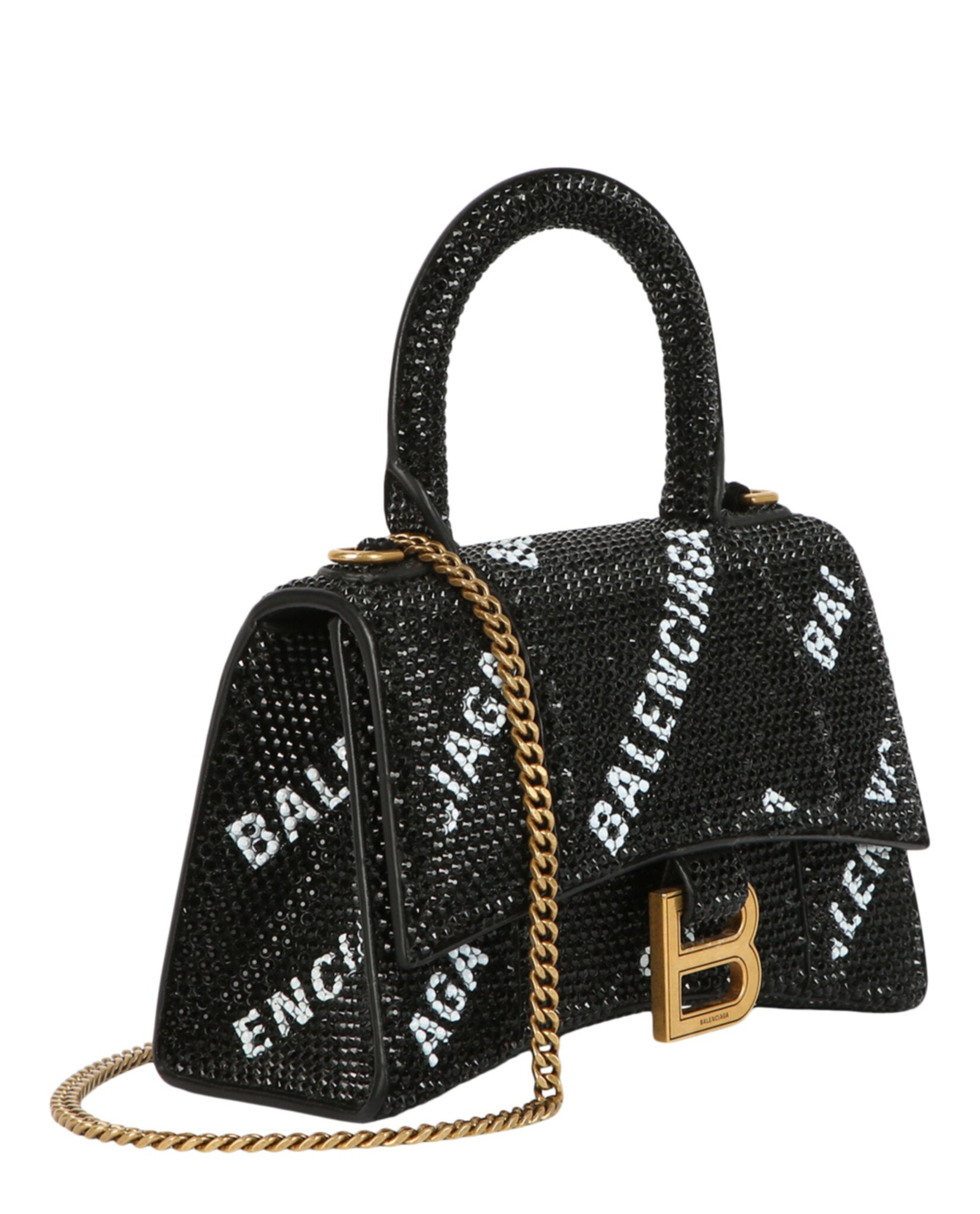 Balenciaga Womens Hourglass Xs Top Handle Bag With Allover Logo Strass