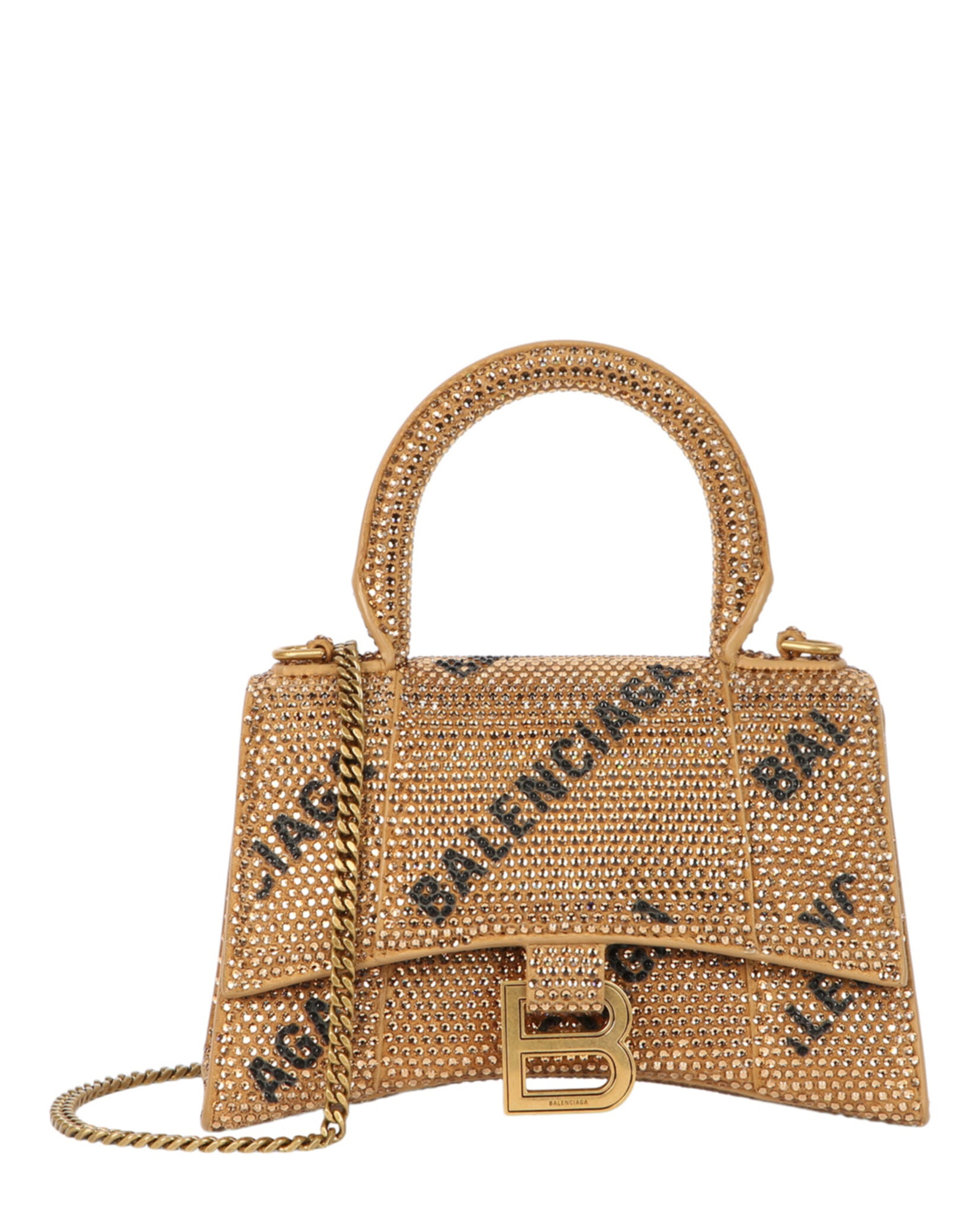 Balenciaga Womens Hourglass Xs Top Handle Bag With Allover Logo Strass