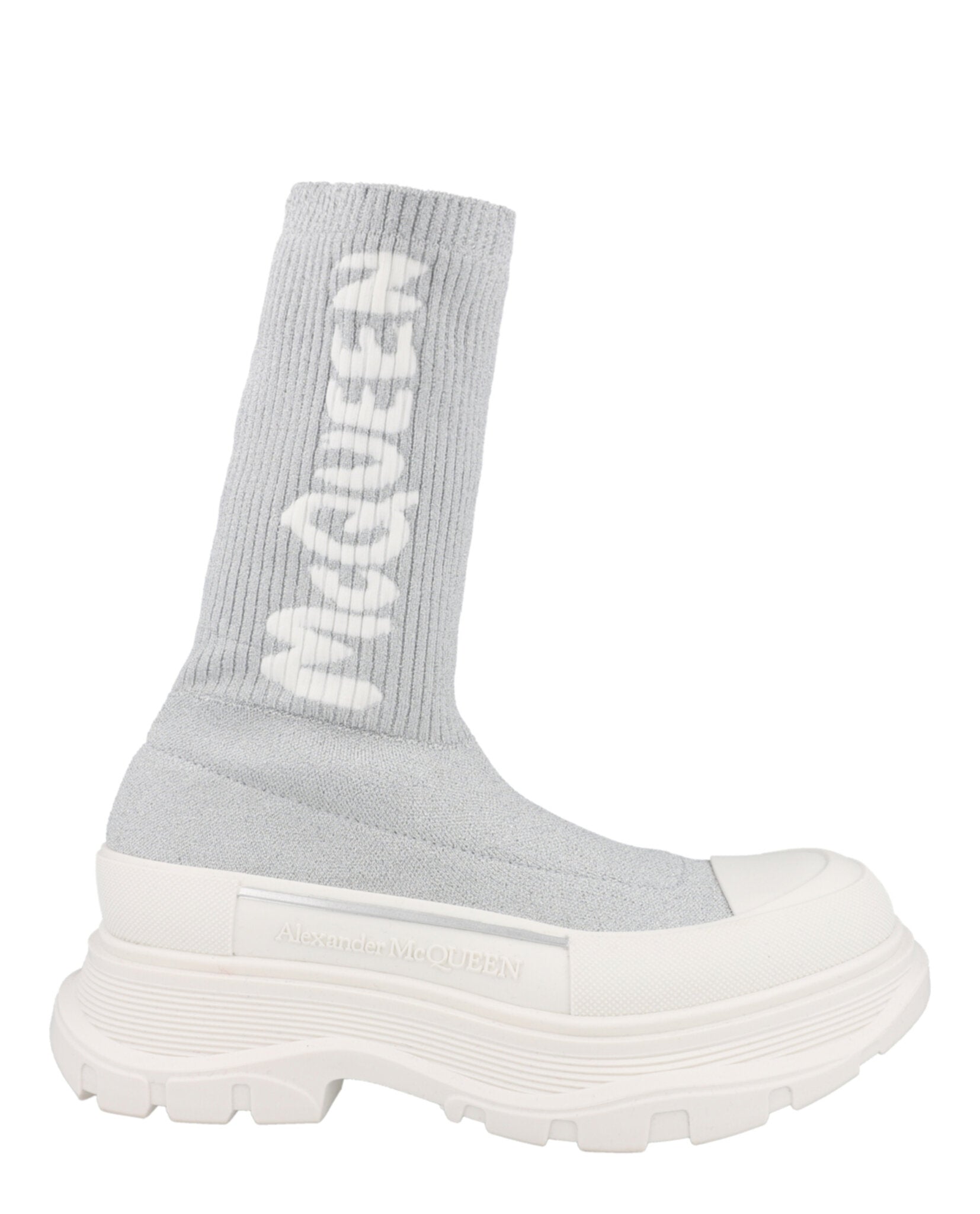 Alexander McQueen Womens Ribbed Tread Slick Boots Silver White