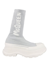 Alexander McQueen Womens Ribbed Tread Slick Boots Silver White