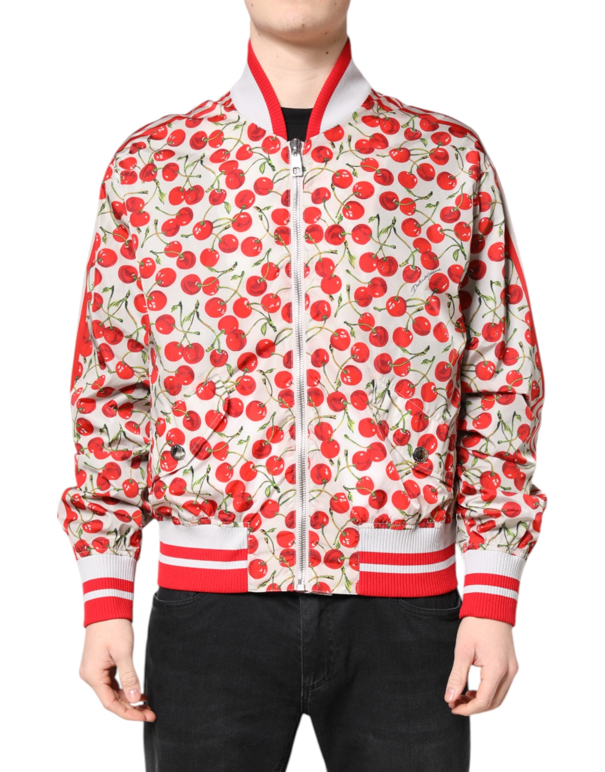 Dolce & Gabbana Dolce & Gabbana White Cherry Print Full Zip Bomber Men's Jacket