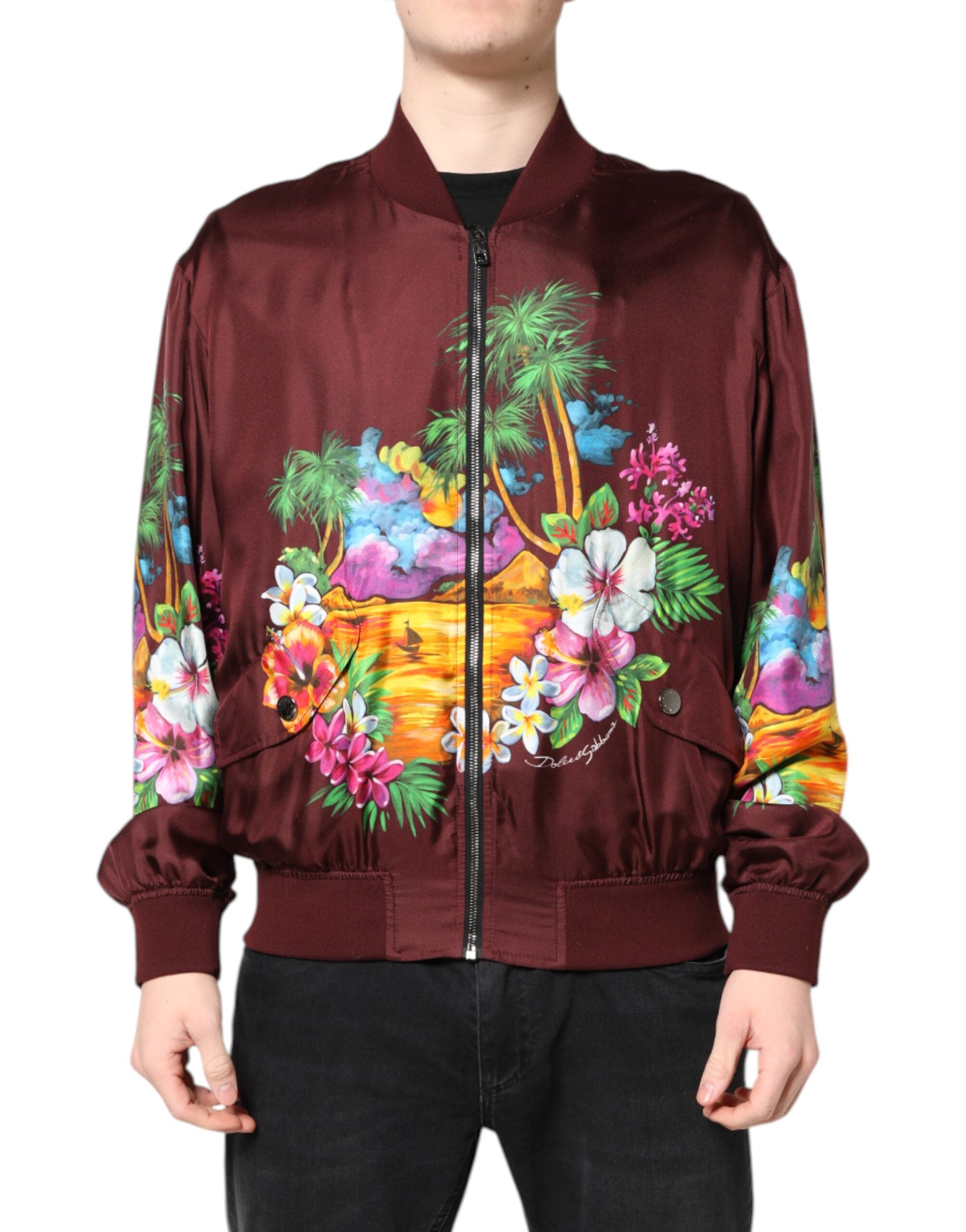 Dolce & Gabbana Dolce & Gabbana Maroon Floral Print Full Zip Bomber Men's Jacket